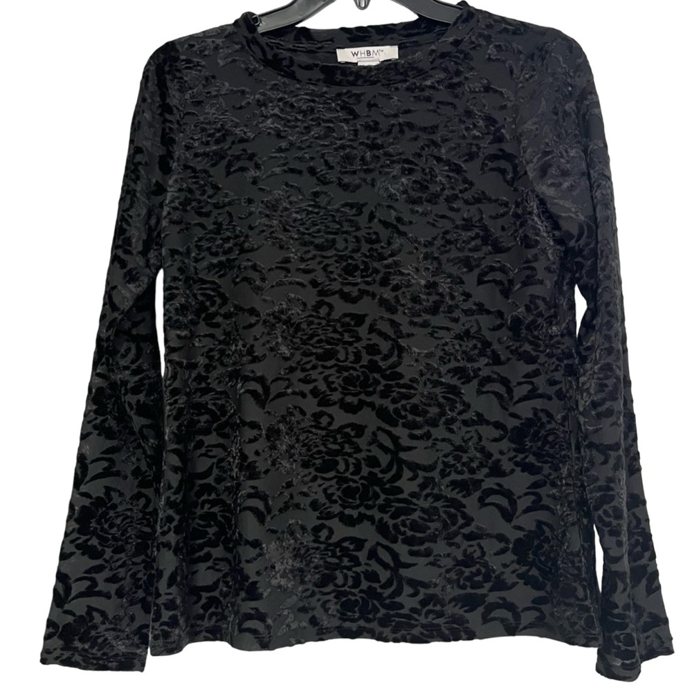 White House Black‎ Market Black Floral Burnout Velvet Mockneck Sheer Top